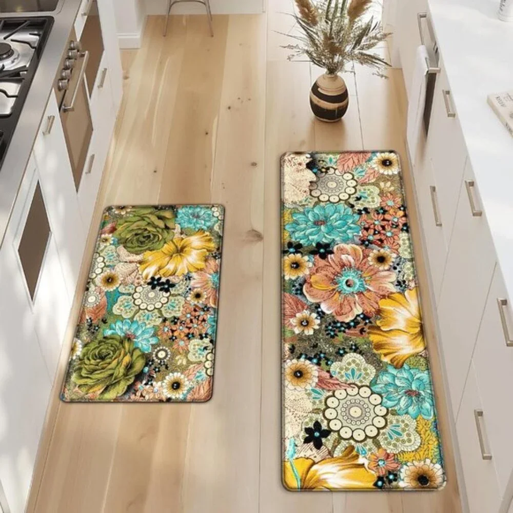 New Set of 2 Boho Floral Kitchen Mat, Cushioned, Non-Slip, Waterproof Foam